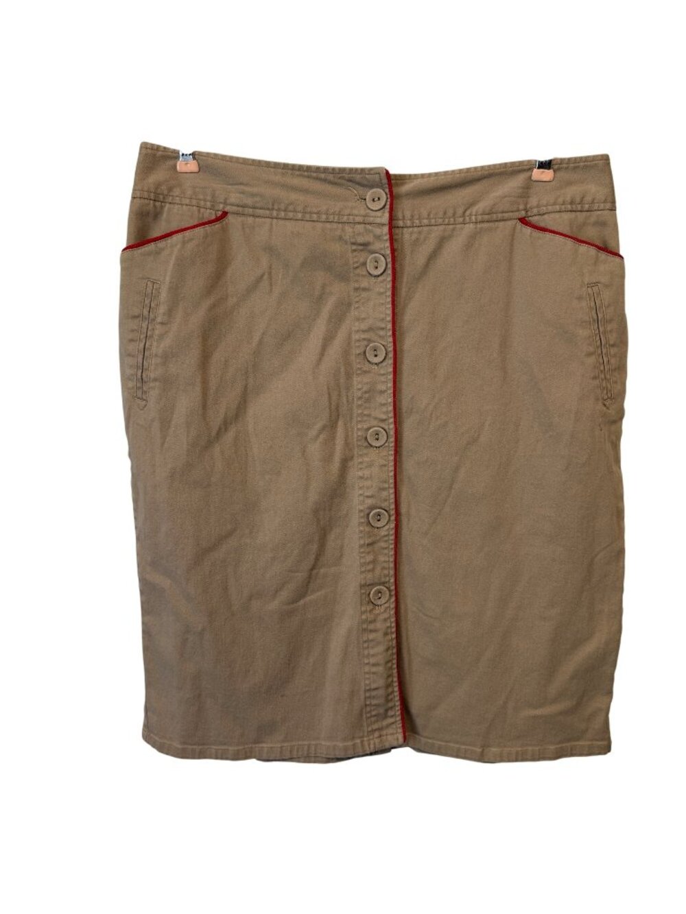 Khaki Button-Front Skirt With Red Trim By D.F.A. New York Size 14